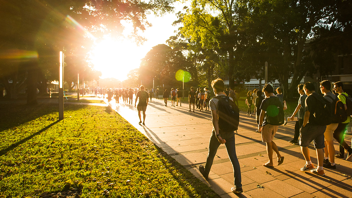 People walking towards setting sun on UNSW lower campus