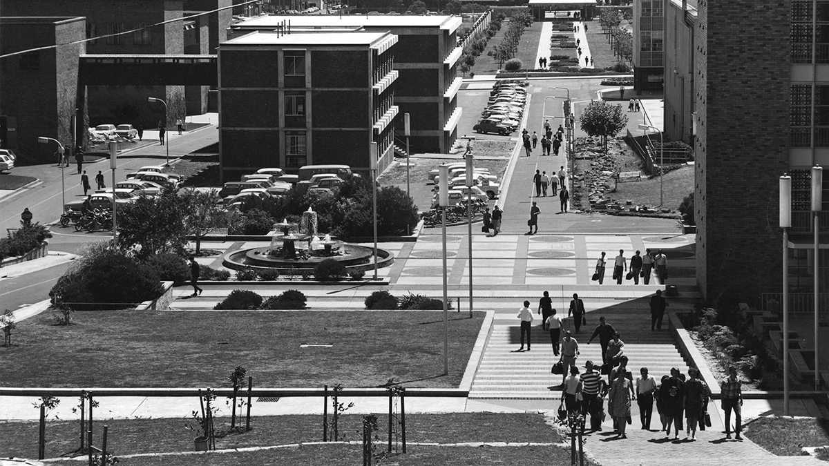 Archival black and white photo of the Mall on the Kensington campus
