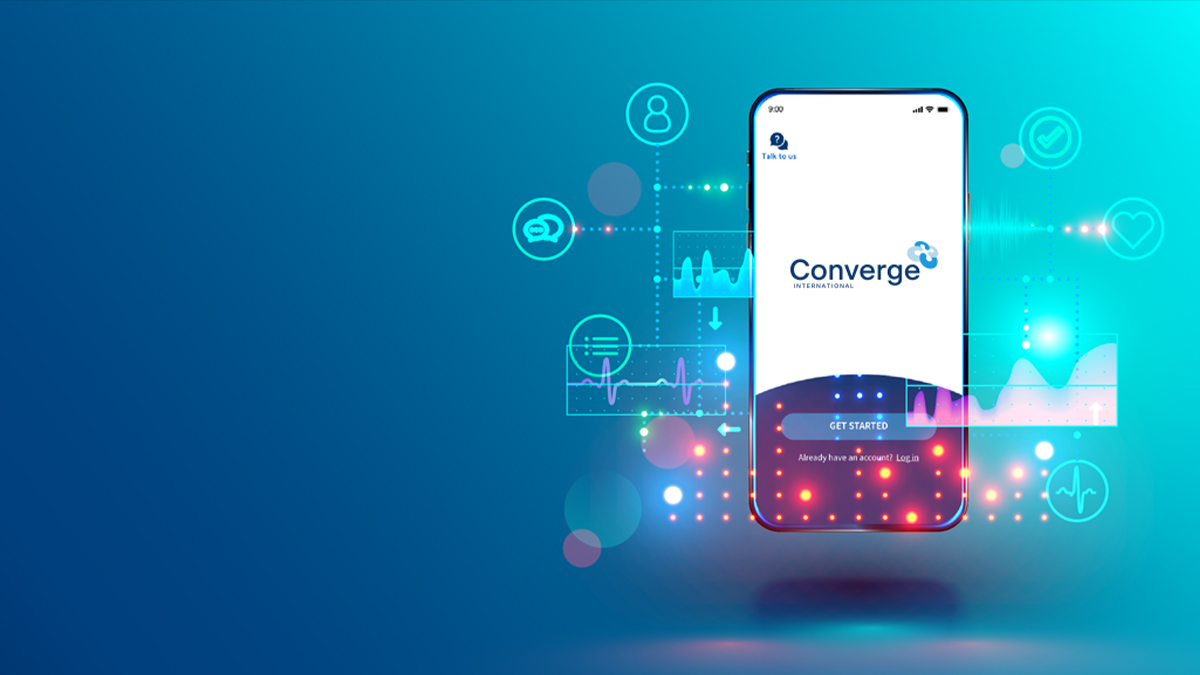 Digital illustration of a mobile phone with Converge logo