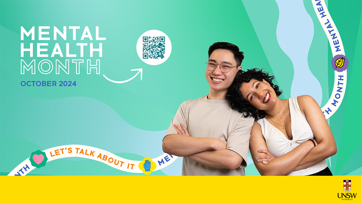 Mental Health Month promotion slide with two people leaning against each other