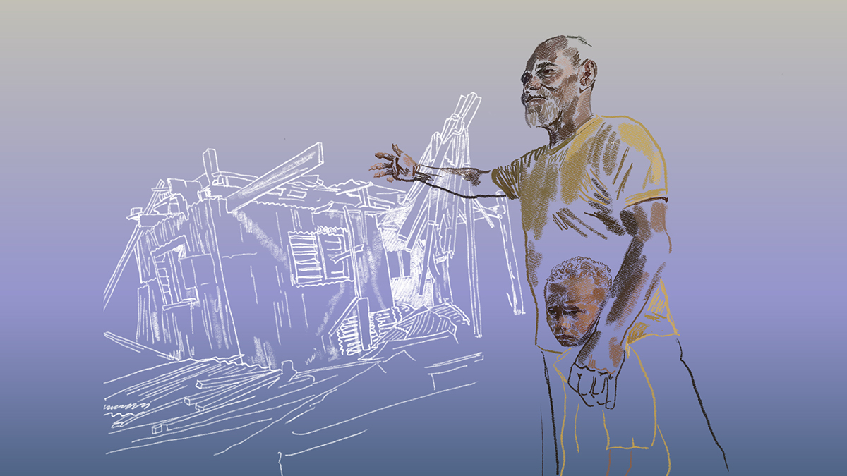 Illustration of a man and boy gesturing to a destroyed home
