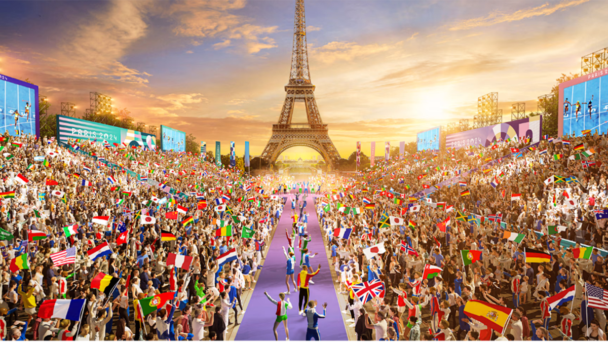 AI image showing people celebrating the Olympics with the Eiffel tower in the distance