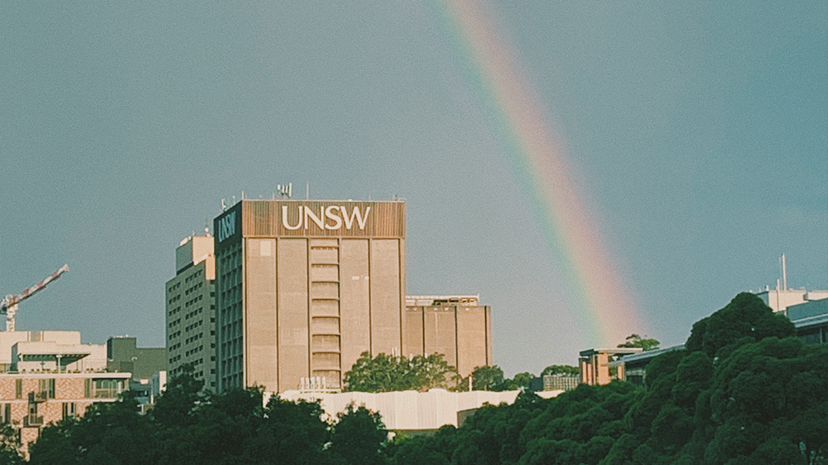 Photo showing a rainbow beside the UNSW Library tower