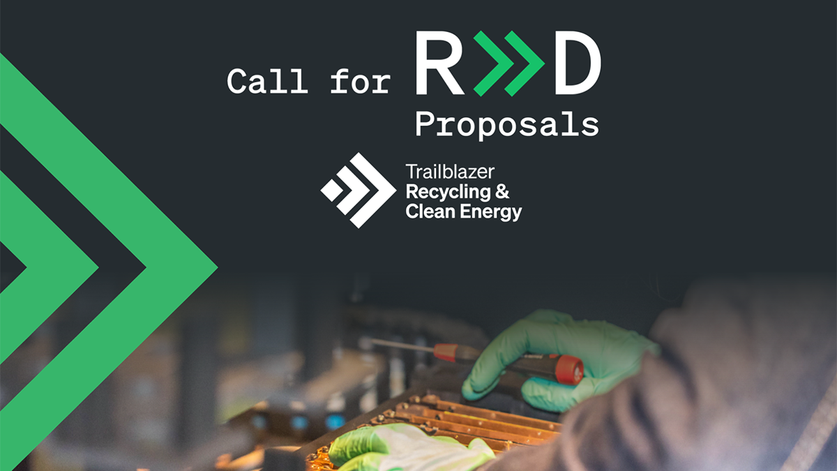 Banner image with words "Call for R&D proposals: Trailblazer Recycling & Clean Energy" with a close up of a hand holding a screwdriver in the background