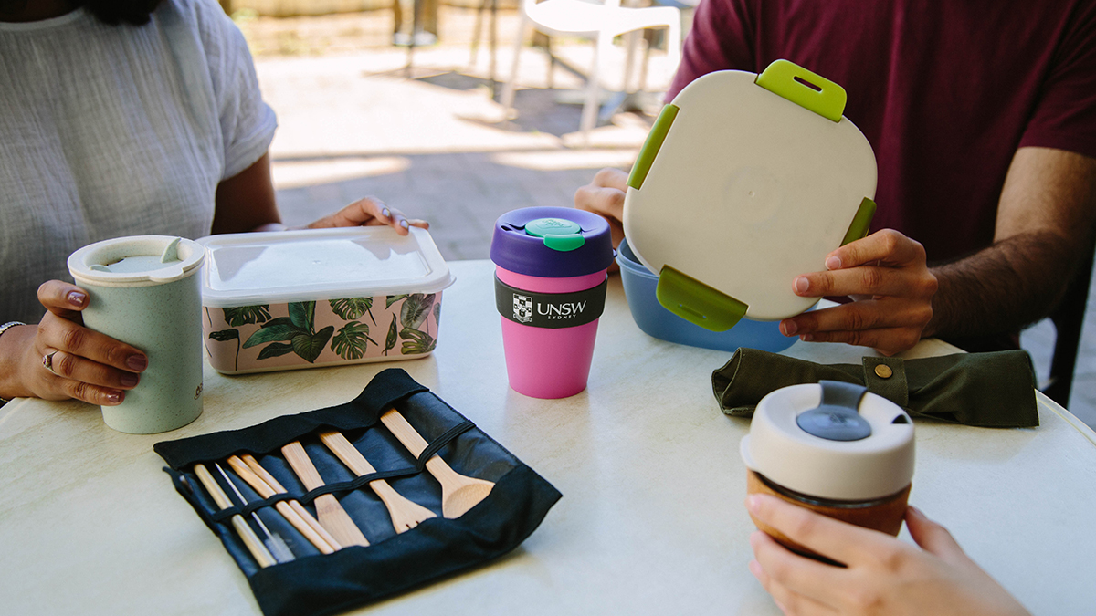 Close up of reusable cutlery and cups on a table