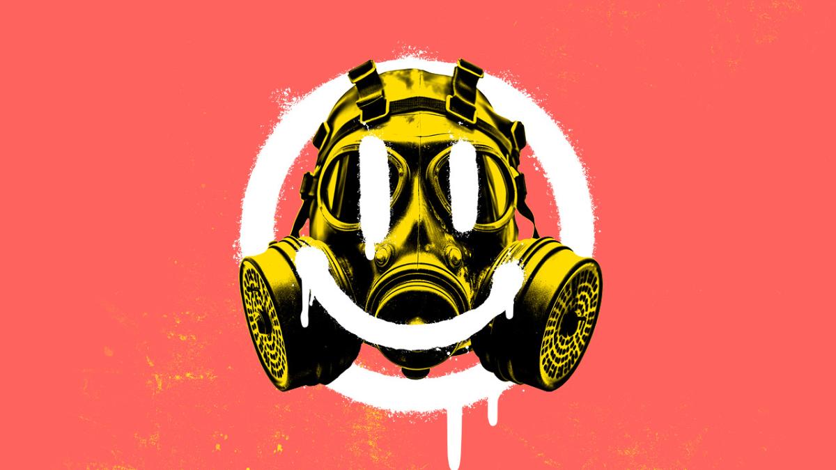 Graphic of gas mask against pink background
