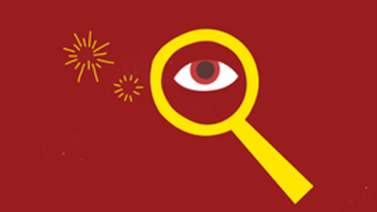 Illustration of yellow magnifying glass over an eye against a red background