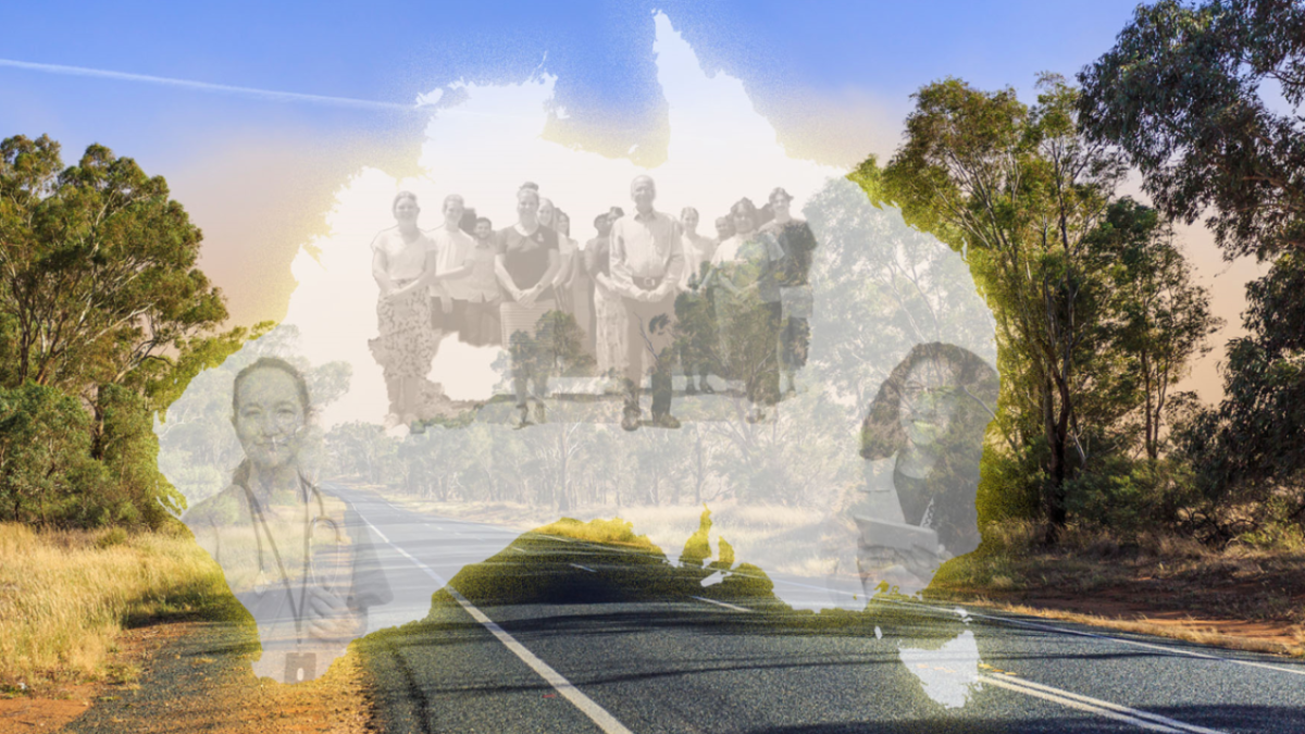 Photograph of rural road with transparent outline of Australia overlaid with images of people