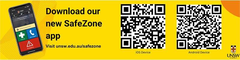 Graphic showing QR codes to download SafeZone