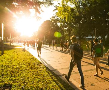 People walking towards setting sun on UNSW lower campus