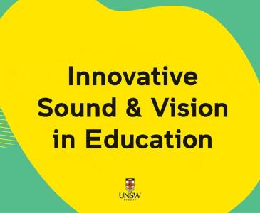 Yellow amorphous shape with the words Innovative Sound and Vision in Education overlaid against a green background