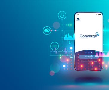 Digital illustration of a mobile phone with Converge logo