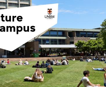 View of library lawn with students sitting