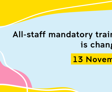 Banner graphic with pale blue background and words "All-staff mandatory training is changing 13 November"