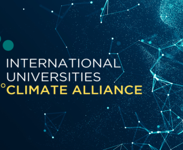 Graphic with dark blue background overlaid with lines representing a network and the words "International Universities Climate Alliance"