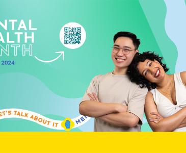 Mental Health Month promotion slide with two people leaning against each other