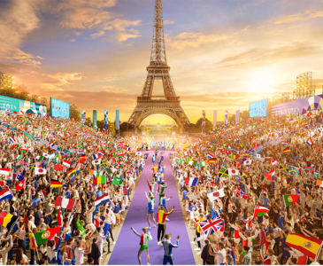 AI image showing people celebrating the Olympics with the Eiffel tower in the distance