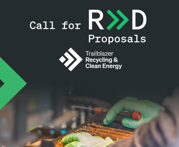 Banner image with words "Call for R&D proposals: Trailblazer Recycling & Clean Energy" with a close up of a hand holding a screwdriver in the background