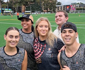 Scott Parlett, Director, Nura Gili (right) and UNSW Indigenous Nationals team members Xhana Tishler, Keeley-che Cain, Sophie Martin, Tim Walker and Jayden Kennedy