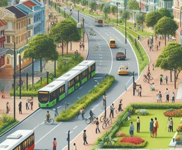 An illustration of a busy street with pedestrians, buses and a tram