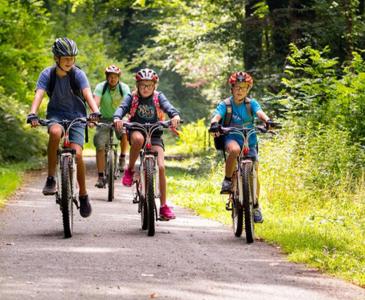 A family cycling together through a forest path 
