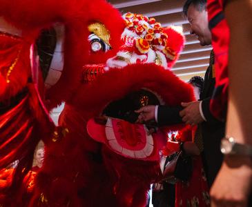 A red lion dancer during Chinese New Year celebrations