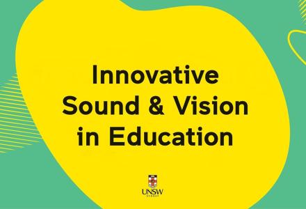 Yellow amorphous shape with the words Innovative Sound and Vision in Education overlaid against a green background
