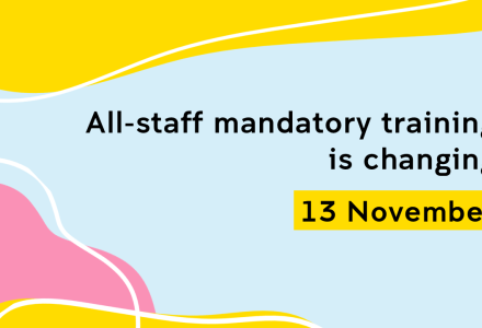 Banner graphic with pale blue background and words "All-staff mandatory training is changing 13 November"