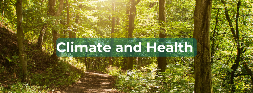 A path through a forest with words "climate and health" overlaid